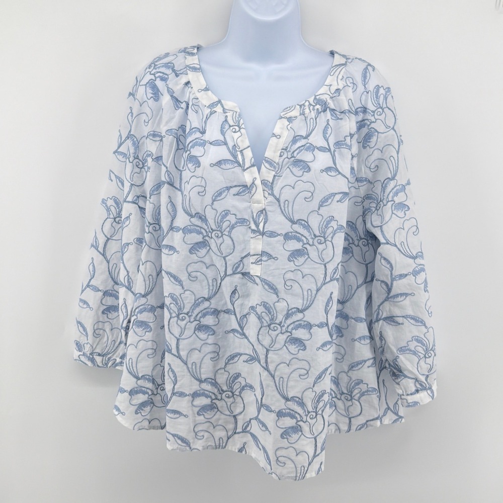 J Jill Blue White Floral Embroidered Peasant Top Blouse Large L Cotton Tunic